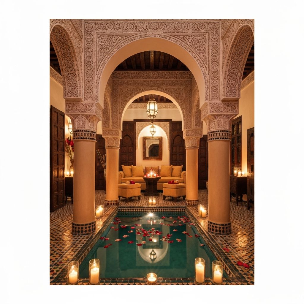 Luxurious Moroccan riad interior with Moorish arches